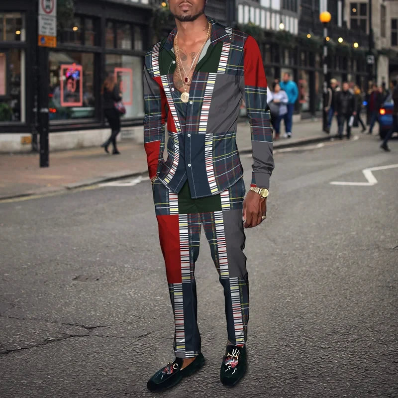 Men's 3D Retro Harajuku Print Long Sleeve Lapel Shirt & Long Pants 2-Piece Set