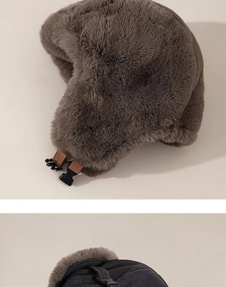 Faux Leather Trapper Hat with Plush Lining and Ear Flaps