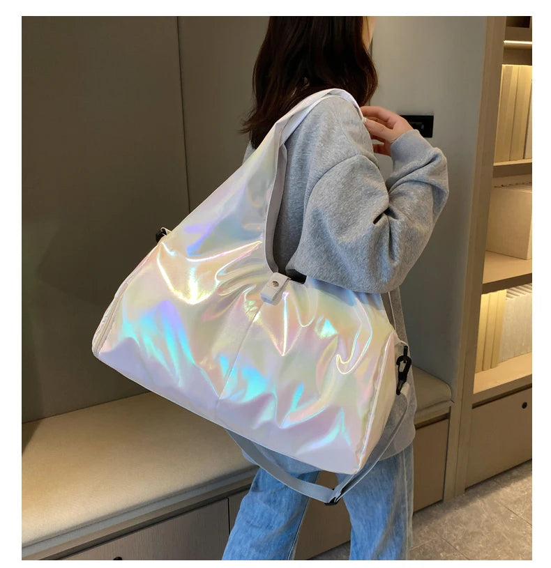 Large Capacity Gym Travel Shoulder Tote Bag – Multi-Function Ruched Cotton Handbag for Women