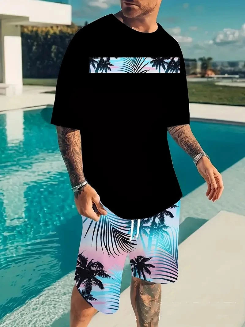 Men's Hawaiian Beach Print Short Sleeve T-Shirt & Shorts Set – Lightweight Sportswear