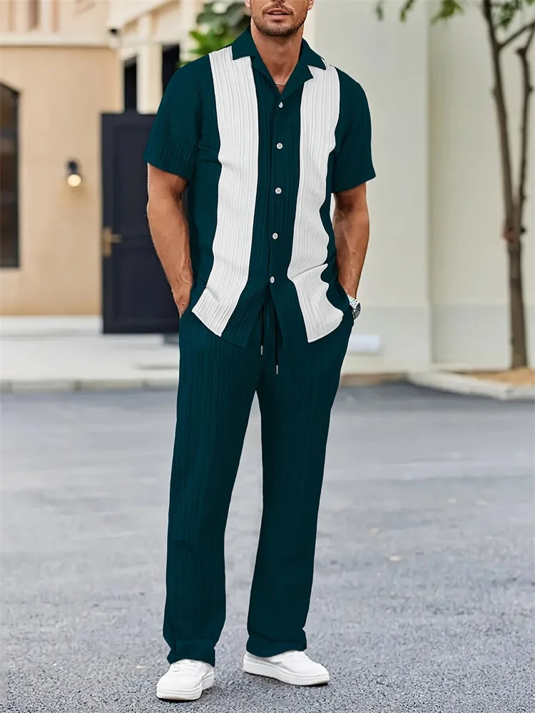 Men's 3D Striped Print Lapel Shirt & Shorts Casual Set – Autumn Outdoor 2-Piece