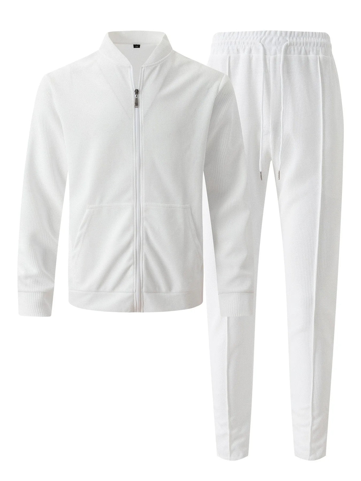 Men's Solid Color Waffle Knit Baseball Tracksuit – Stand Collar Zip Jacket & Drawstring Pants