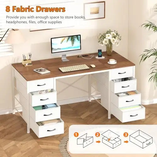 50-Inch Computer Desk with 8 Fabric Drawers & Power Outlets — L-Shape Home Office & Gaming Desk