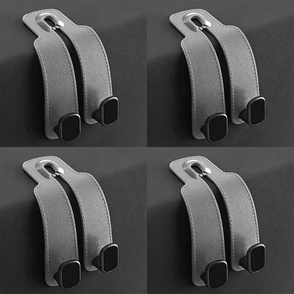 Four views of a gray dual-clip wall hook with black mounting anchors, arranged in a 2x2 grid on a dark gray background.