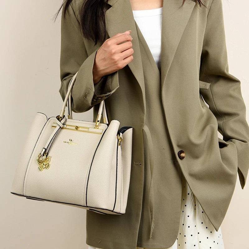 Luxury Genuine Leather 3-Layer Tote Bag – Large Capacity Crossbody Shoulder Bag for Women