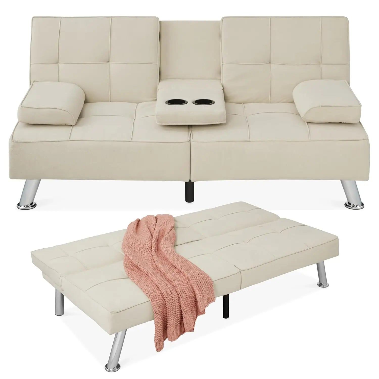 Sit, Recline, Sleep — Modern Linen Folding Futon Sofa Bed | 3 Positions, 2 Cupholders, Removable Armrests, 500 lb Capacity