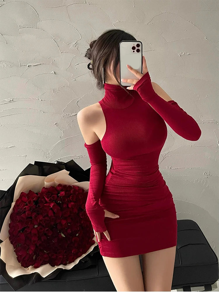 High Neck Lace-Up Pleated Mini Dress — Sleeveless Elastic Bodycon Party Dress
