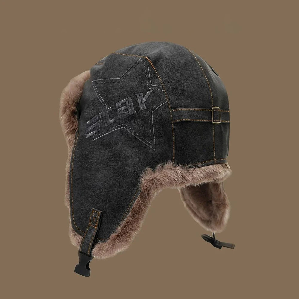 Faux Leather Trapper Hat with Plush Lining and Ear Flaps