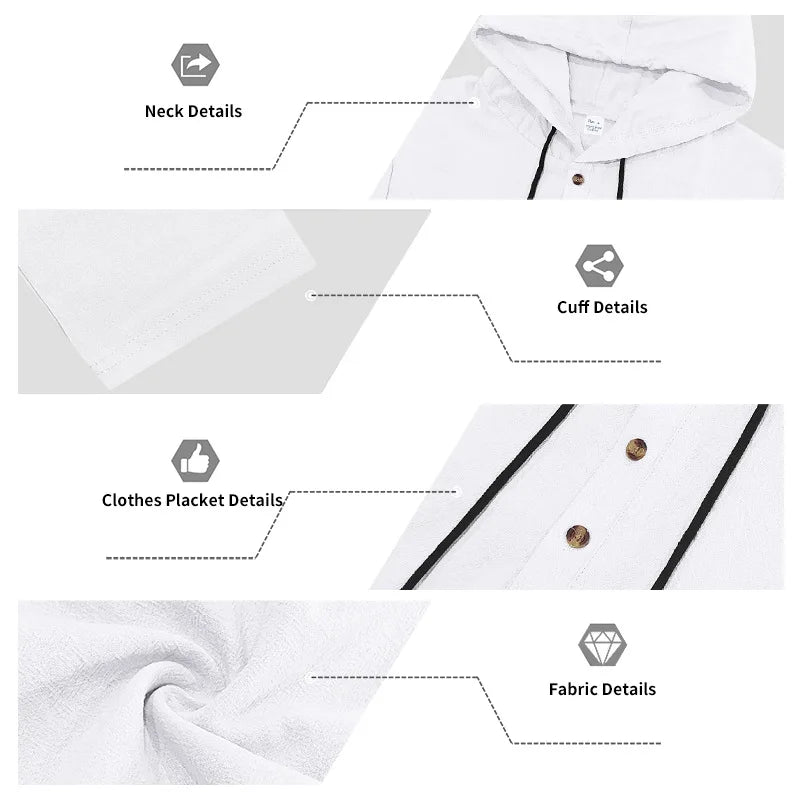 Men's Linen Casual Loose Hooded Henley Shirt & Long Pants Set – Relaxed Autumn 2-Piece Suit