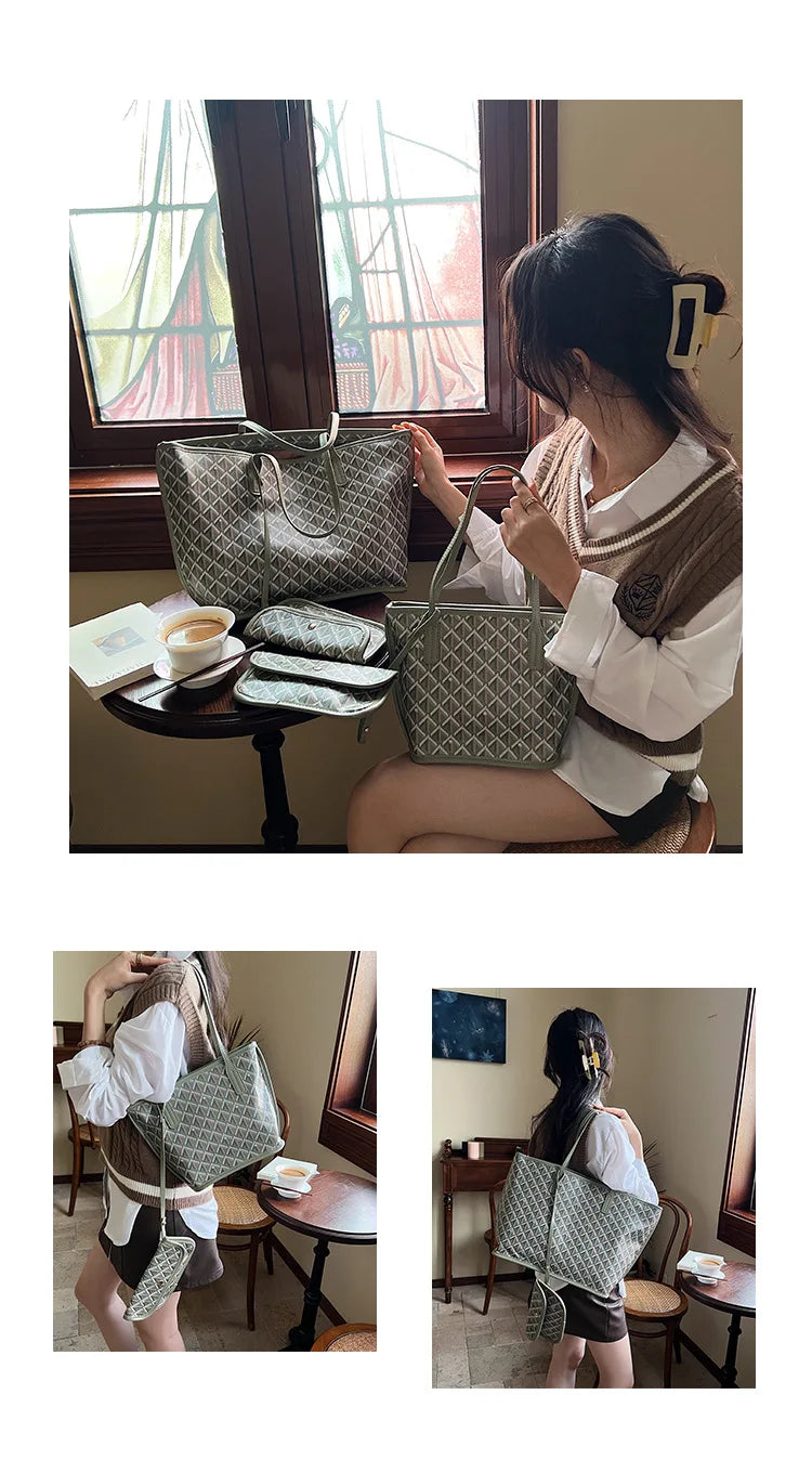 Embroidered Geometric PU Tote Shoulder Bag – Versatile Large Capacity Shopping Class Bag for Women