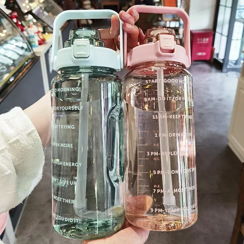 2L Large Capacity Motivational Water Bottle with Straw & Time Marker – BPA-Free Portable Fitness Bottle