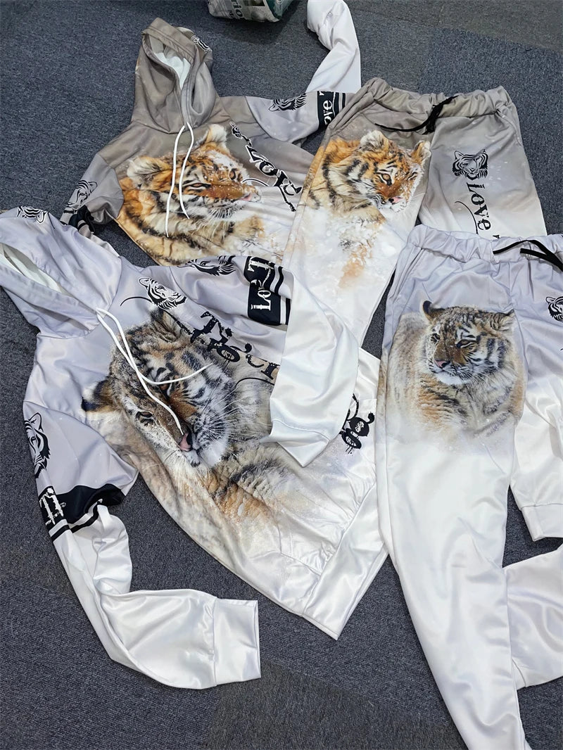 Men's 3D Tiger Print Hoodie & Pants Tracksuit Set – 2-Piece Sportswear