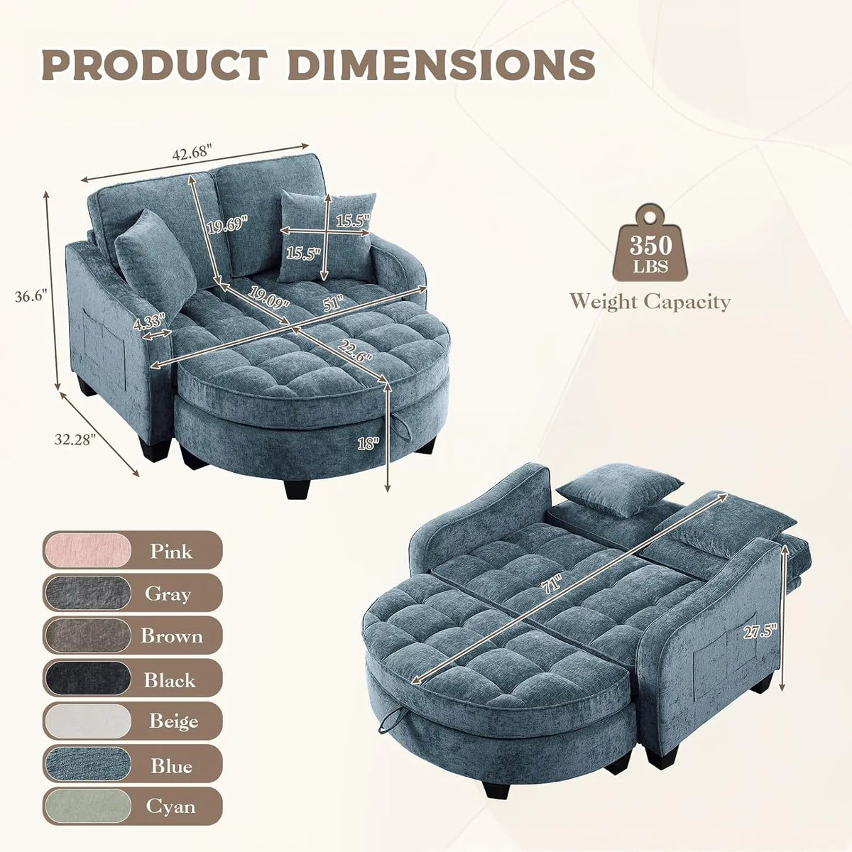 Chenille Reclining Chaise Lounge with Storage Ottoman
