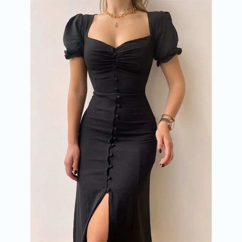 V-Neck Puff Sleeve High Waist Split Midi Dress — Elegant Single-Breasted Solid Dress