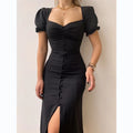 V-Neck Puff Sleeve High Waist Split Midi Dress — Elegant Single-Breasted Solid Dress