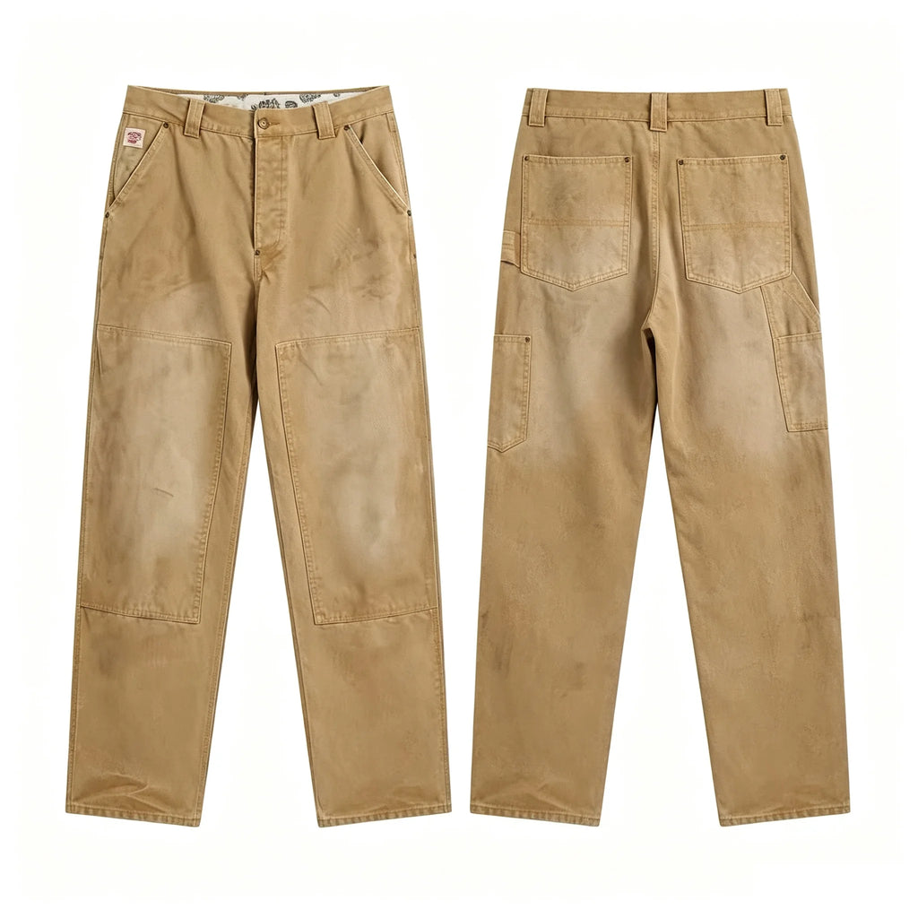 A pair of tan canvas work pants shown from both the front and back views on a plain white background.