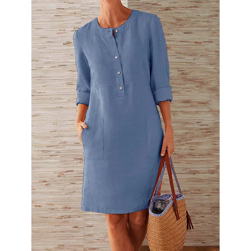 Women's Cotton Linen Tunic Dress – Long Sleeve Vintage Straight Oversized Casual Dress