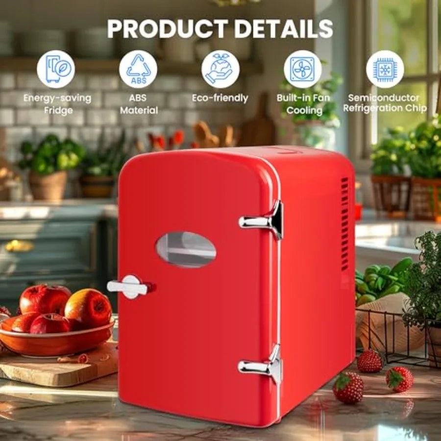 Portable Mini Fridge — 4 Liter 6 Can Cooler & Warmer with Observation Window, 100% Freon-Free & Eco-Friendly Compact Refrigerator
