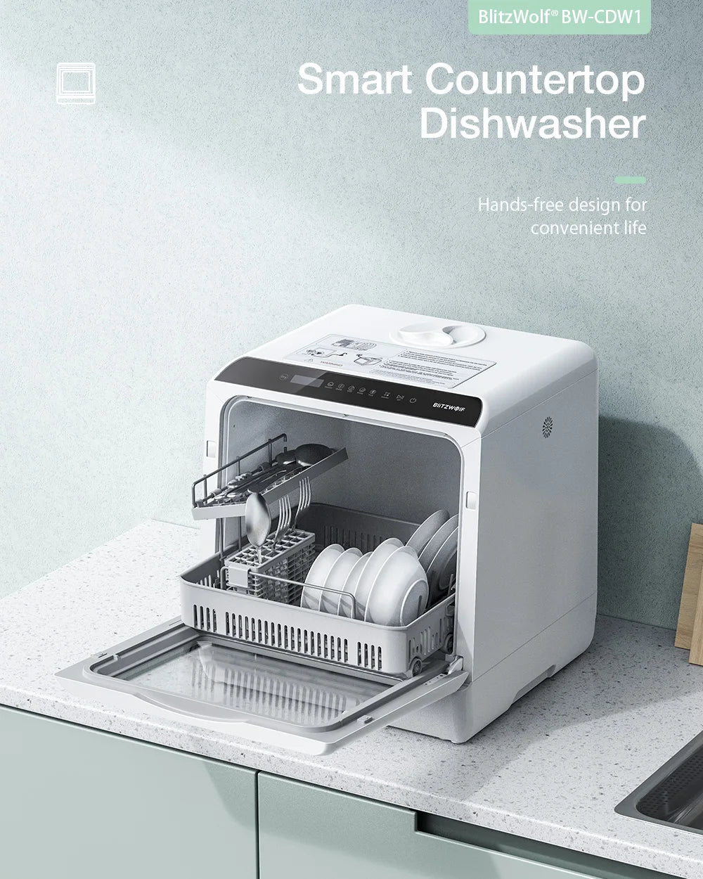 BlitzHome BH-CDW1 Smart Portable Countertop Dishwasher – APP Control, 4-6 Sets, Dual Water Inlet