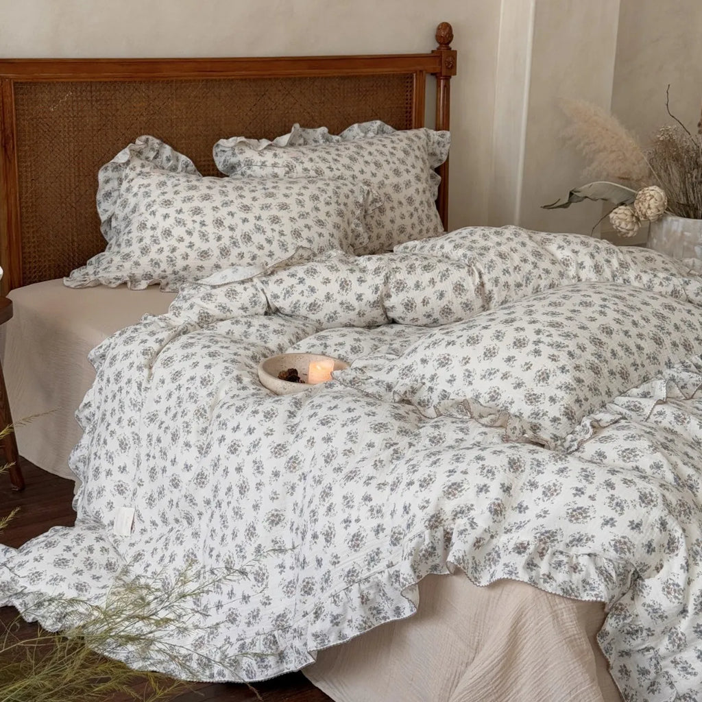 Princess Ruffle Bedding Set – 100% Cotton Gauze Duvet Cover with Pillowcases, Floral, 3-Piece