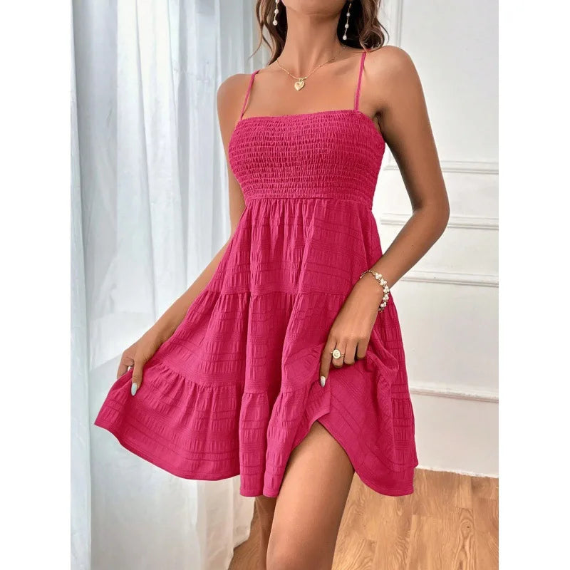 Women's Smocked Bustier Ruffled Tiered Swing Mini Dress – Spaghetti Strap Beach Vacation Dress
