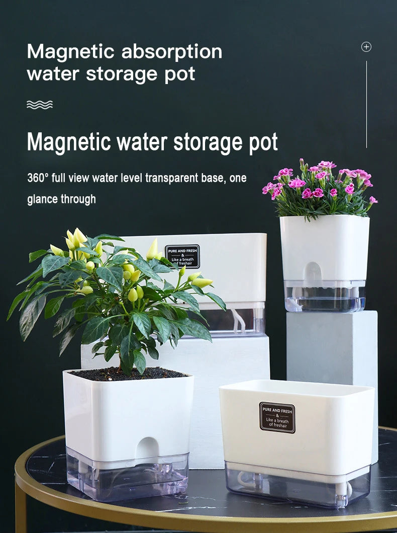 Double-Deck Self-Watering Planter Pot — Magnetic Plastic with Cotton Wick for Indoor & Garden Use