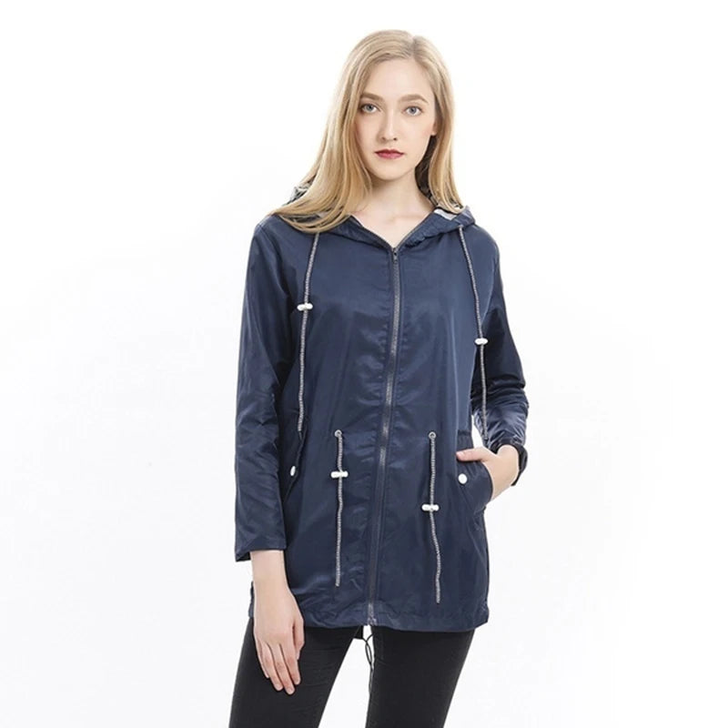 Women's Waterproof Hooded Raincoat – Lightweight Trench Jacket