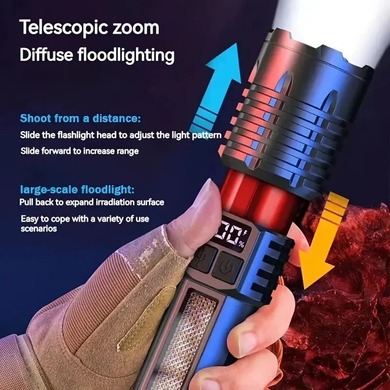 1000 Lumen LED Flashlight with COB Side Lamp – Type-C Rechargeable, 7 Modes, IPX5 Waterproof