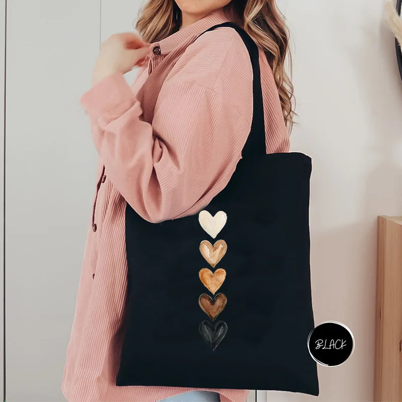 Large Capacity Canvas Shoulder Bag – Harajuku Watercolor Heart Print Shopper Tote