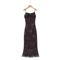 Vintage Floral Front Tie Bodycon Midi Dress — Sexy Elegant Black Summer Dress