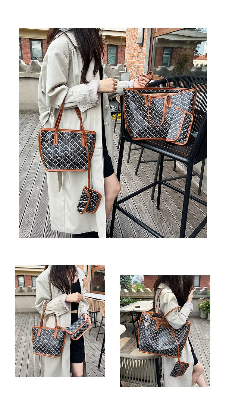 Embroidered Geometric PU Tote Shoulder Bag – Versatile Large Capacity Shopping Class Bag for Women