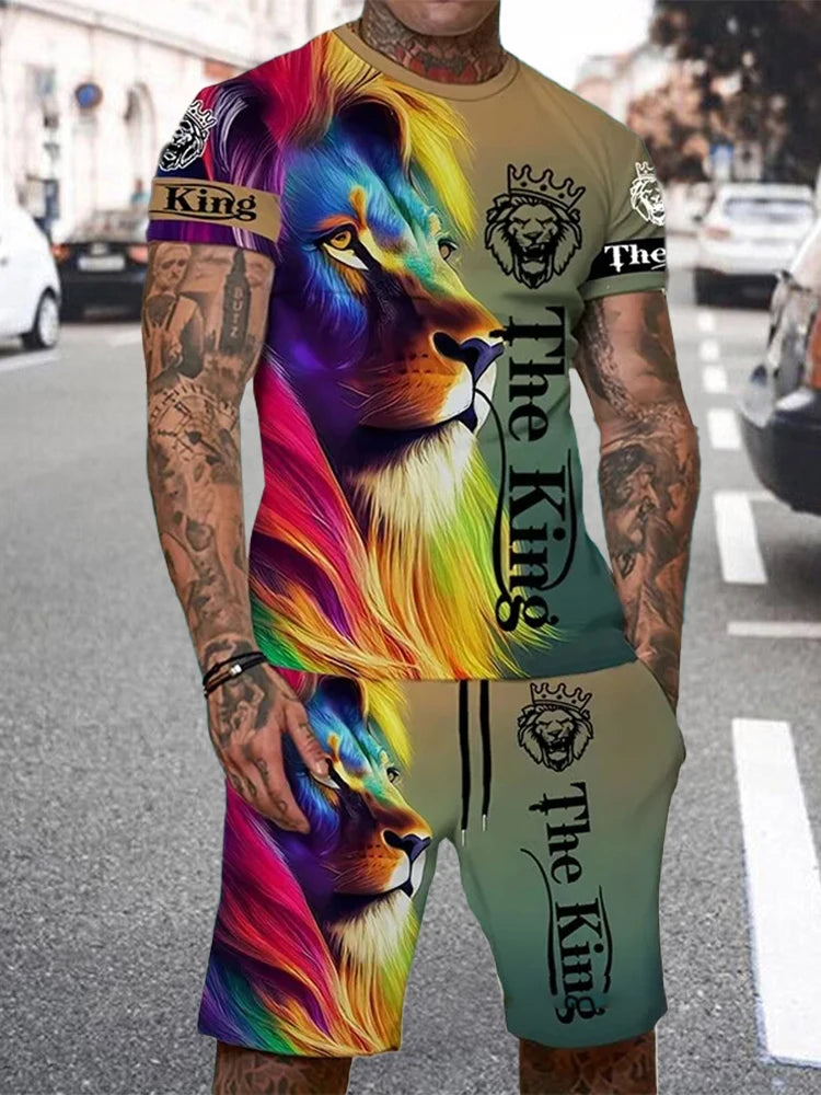 Men's Lion King 3D Print T-Shirt & Drawstring Shorts Set – Casual Outdoor Camping 2-Piece