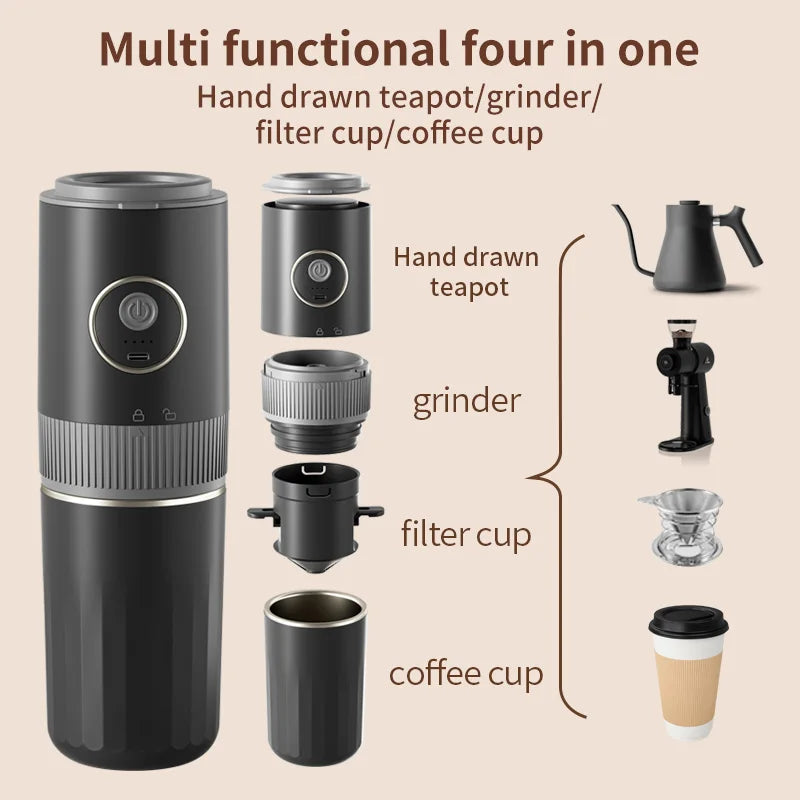 3-in-1 Portable Capsule Espresso Coffee Maker – Type-C Rechargeable, Automatic, for Car, Home & Camping