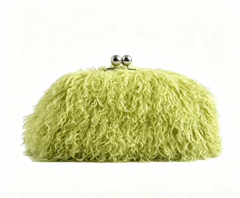 Women kisslock Faux Fur Clutch bag winter warm dark grey pouch frame clasp bag with chain crossbody