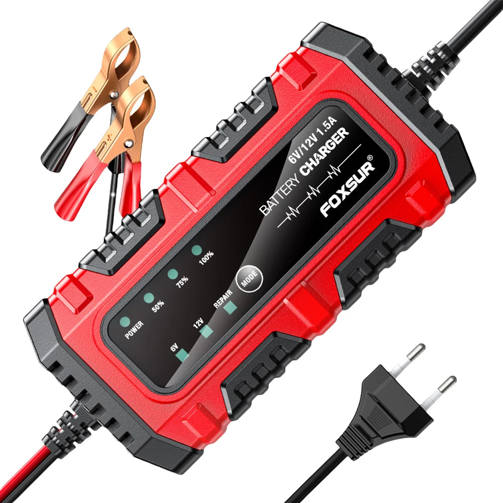 6V/12V 1.5A Smart Car & Motorcycle Battery Charger – Lead-Acid AGM GEL Charging Unit