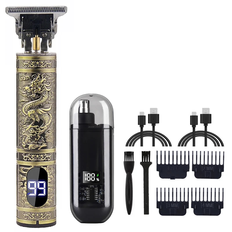 T9 Vintage Men's Electric Hair Clipper & Beard Trimmer – Rechargeable, Wet/Dry, Nose Trimmer Kit