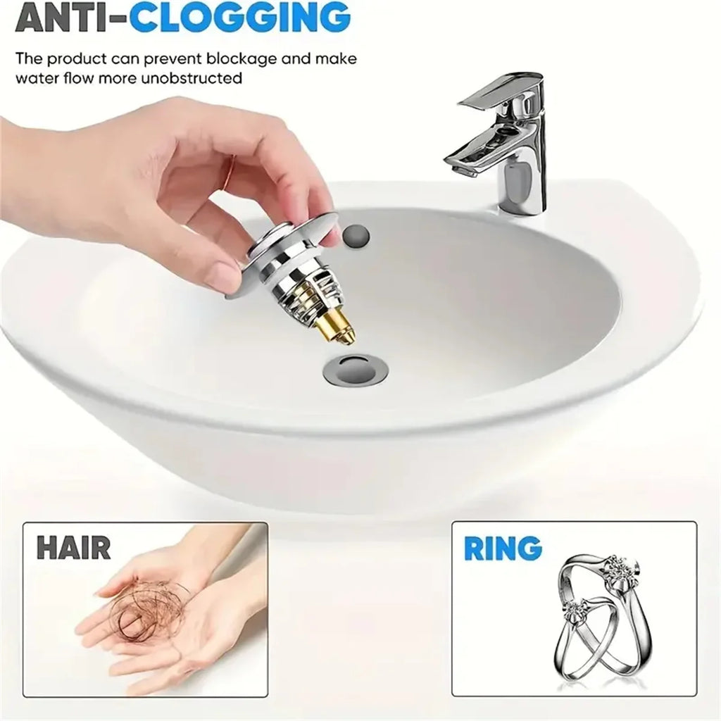 No More Clogged Drains — Pop-Up Chrome Sink Drain Stopper | Universal Rebound Filter with Hair Catcher, Easy Push Type