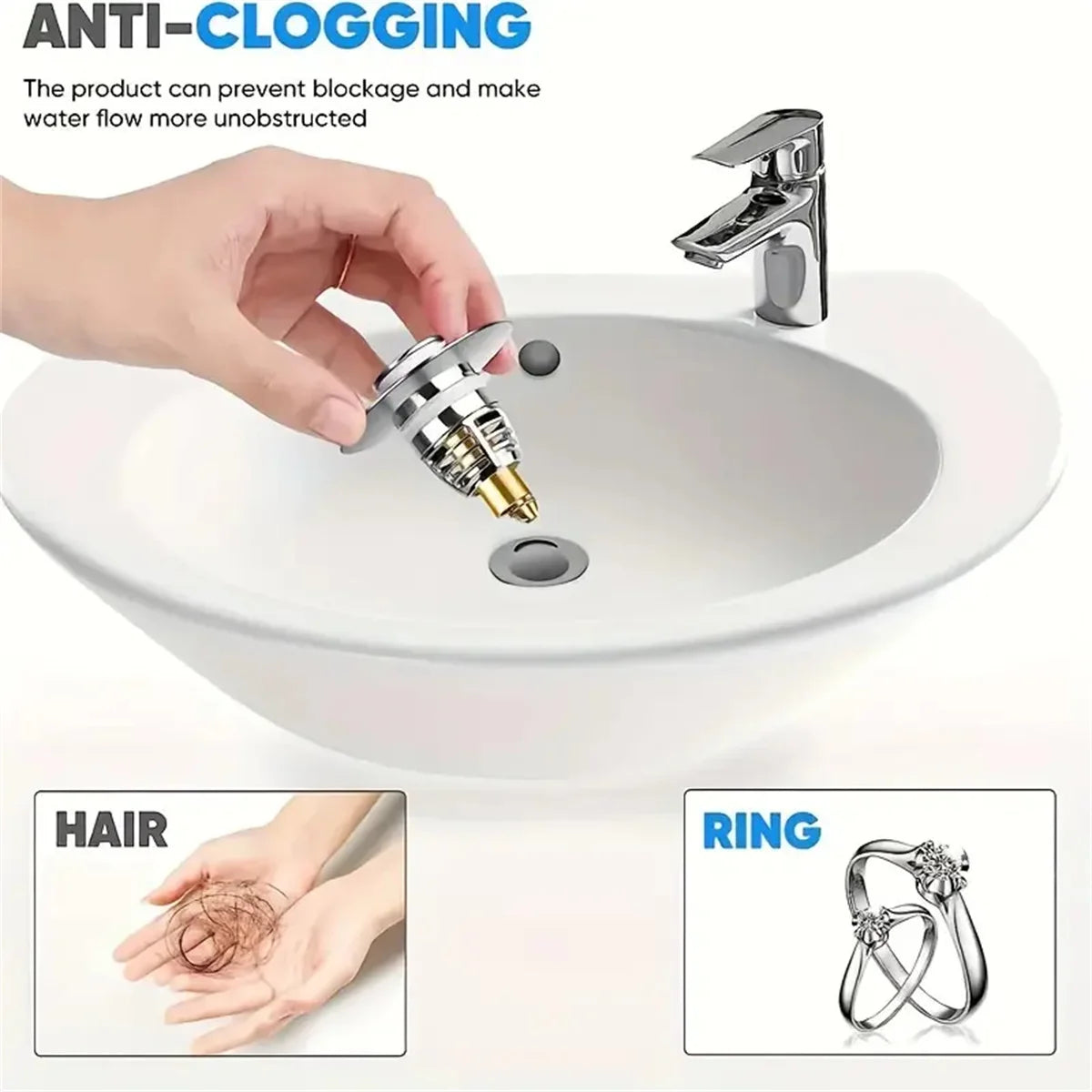 No More Clogged Drains — Pop-Up Chrome Sink Drain Stopper | Universal Rebound Filter with Hair Catcher, Easy Push Type