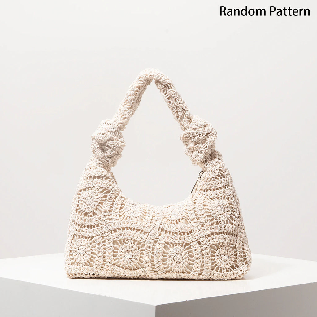 Boho Floral Half-Moon Beach Bag – Hollow-Out Polyester Shoulder Bag for Women