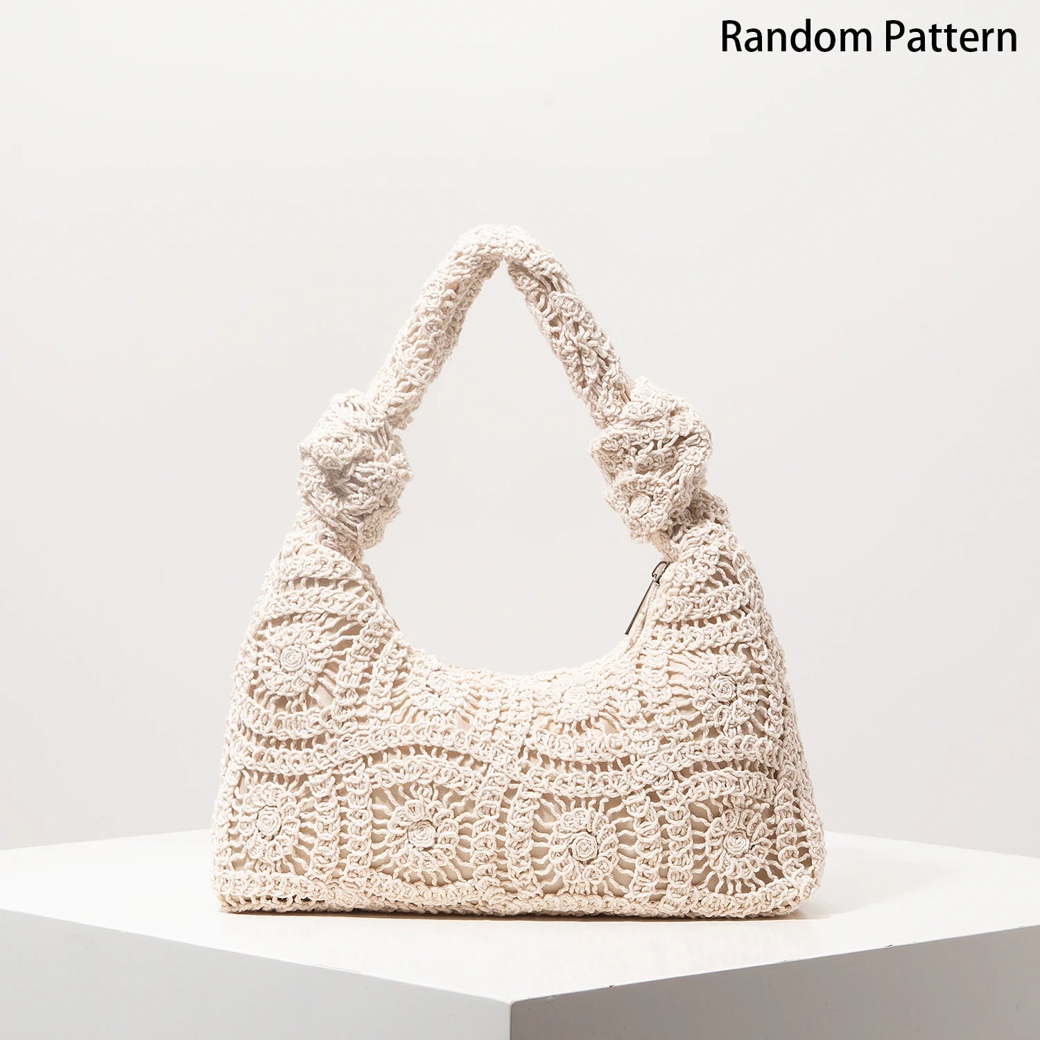 Boho Floral Half-Moon Beach Bag – Hollow-Out Polyester Shoulder Bag for Women