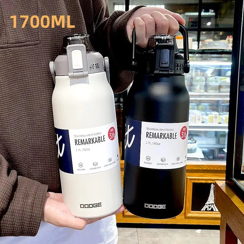 DODGE 1300ml/1700ml Large Capacity Thermos with Pop-Up Straw & One-Key Lid – 6–12Hr, CE Certified, 7 Colors