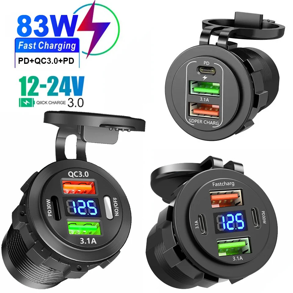 Car USB Charger with Voltmeter – PD3.0 & QC3.0 Fast Charging Socket for Motorcycle, Boat & Auto (12/24V)