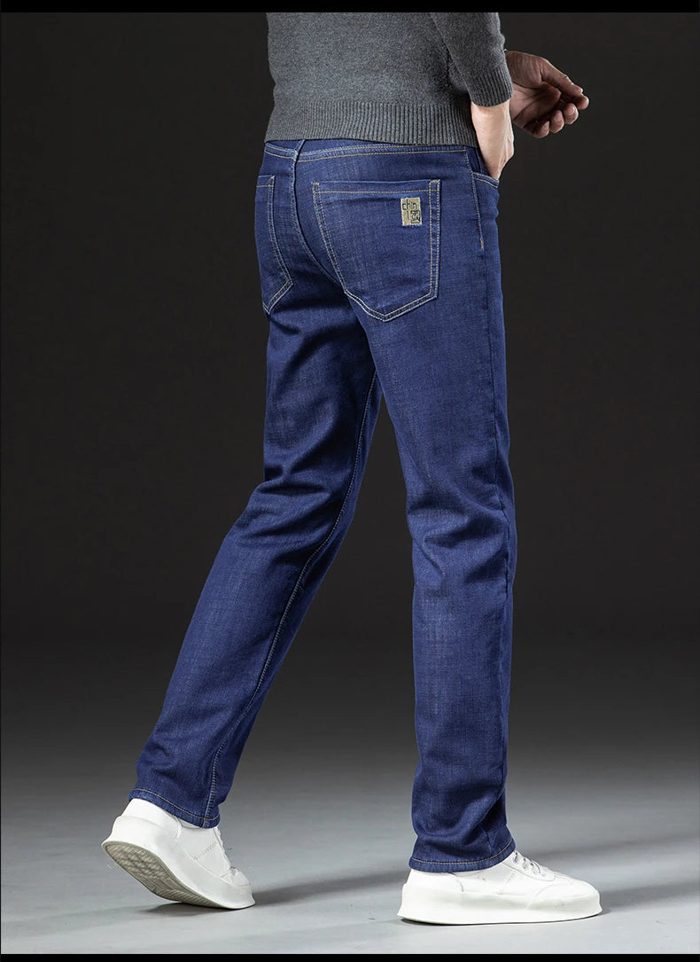 Men's Fleece-Lined Straight Denim Jeans — Warm Thick Winter Stretch Jeans