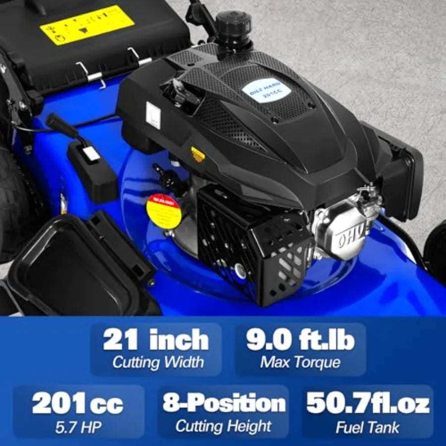 21-Inch Self-Propelled Gas Lawn Mower 201cc | 4-Cycle OHV Engine, 3-in-1 Bagging, Mulching & Side Discharge, 8-Position Height Adjustment