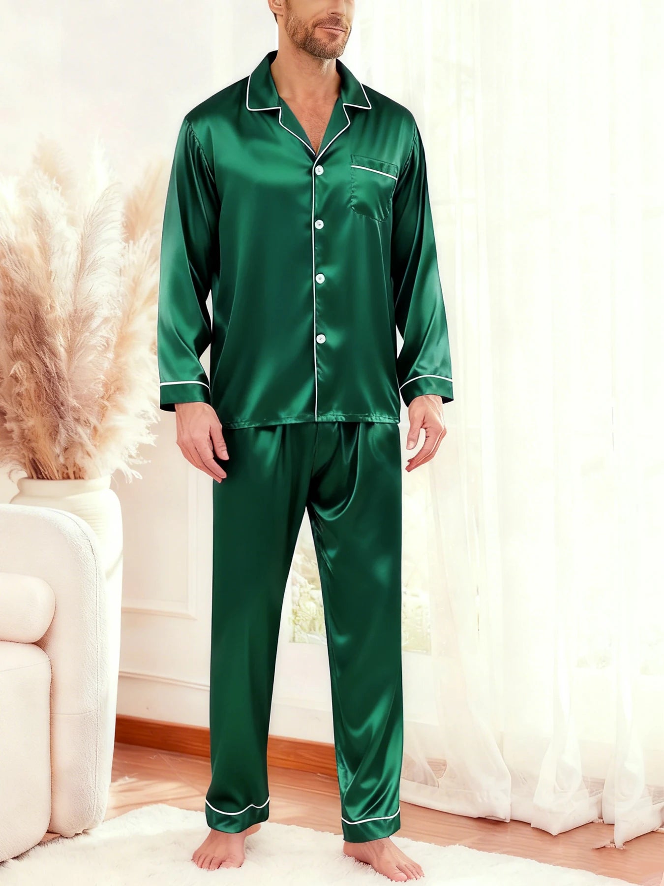 Men's Luxury Contrast Trim Pajama Set — Long Sleeve Top & Pants