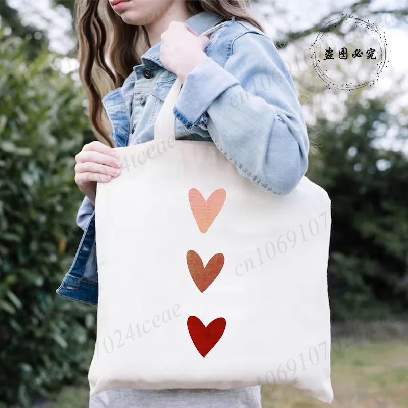 Harajuku Watercolor Heart Print Canvas Shopper Bag – Large Capacity Minimalist Shoulder Bag for Women