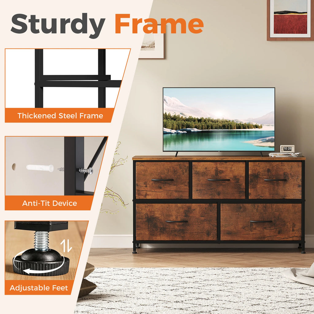 5-Drawer Fabric Dresser with Wooden Top & Metal Frame — Bedroom & Living Room Storage