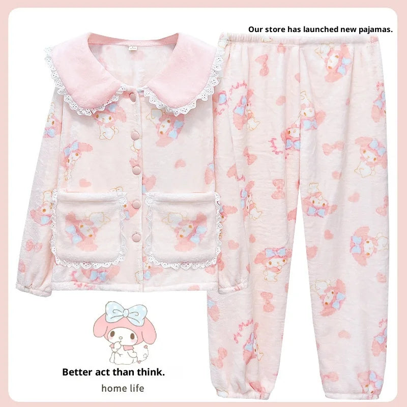 Women's My Melody Flannel Pajamas Set | Cute Lace Collar Winter Homewear Loungewear