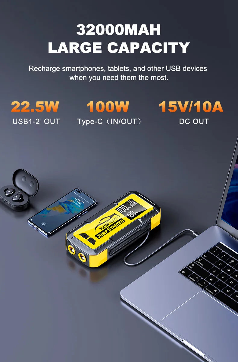 32000mAh Car Emergency Jump Starter — Portable Battery Booster with Power Bank