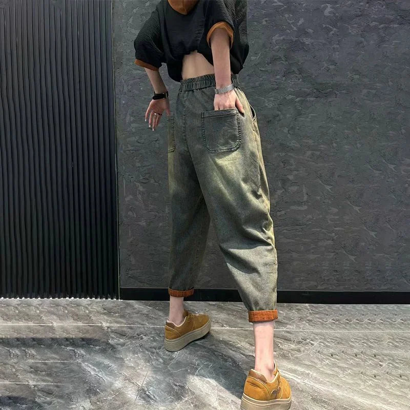 Women's Loose Plus Size Denim Jeans Two-Piece Set | Hooded Printed Casual Fashion Suit